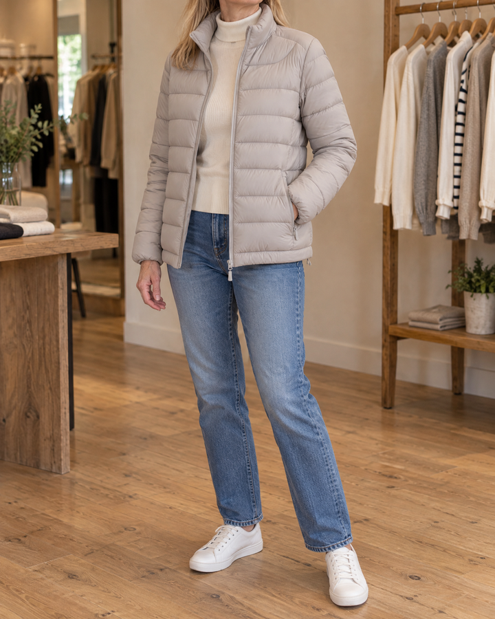 Adeline - Stand Collar Puffer Jacket in light grey, side view
