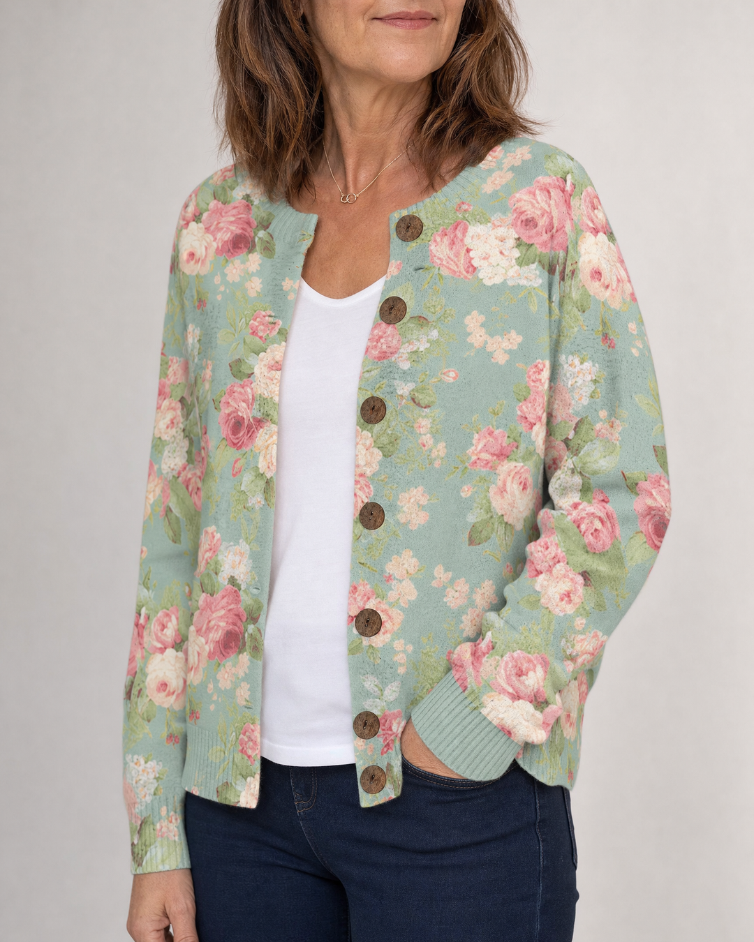 Beatrix - Vintage Print Cardigan in sage rose, side view
