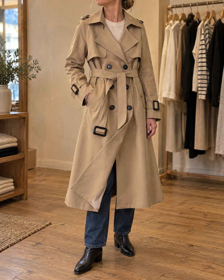 Monique - Long Belted Trench Coat in khaki, side view