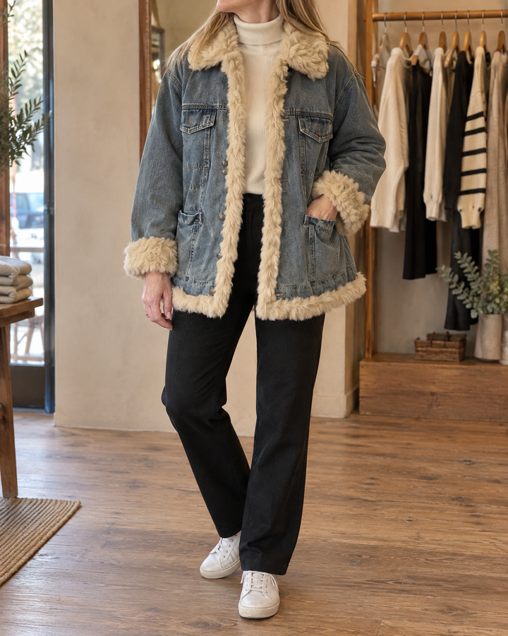 Raphaelle - Faux Fur Trim Denim Jacket in mid blue, side view