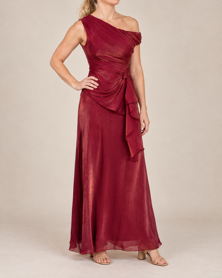 Salome - Draped One-Shoulder Maxi Set in wine, side view