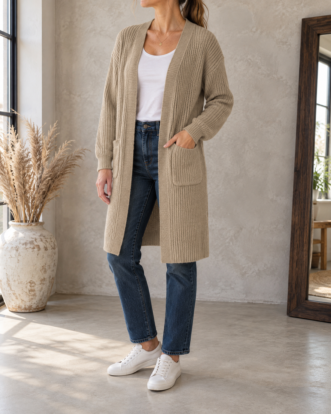 Genevieve - Open Front Knit Cardigan in oatmeal, side view