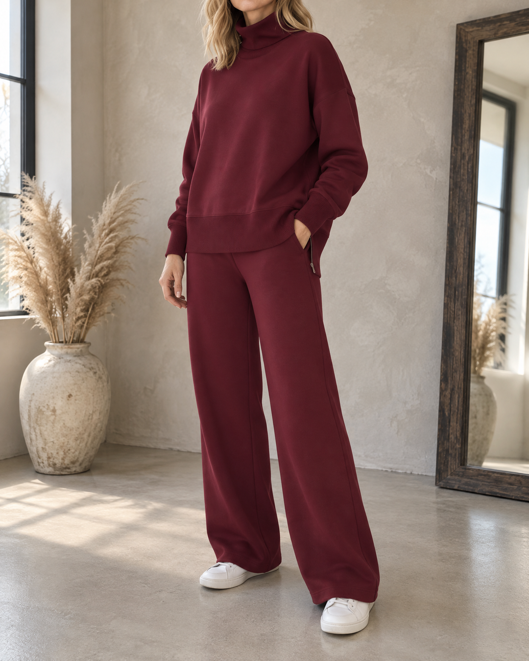 Pauline - Turtleneck Sweatshirt Set in wine, side view