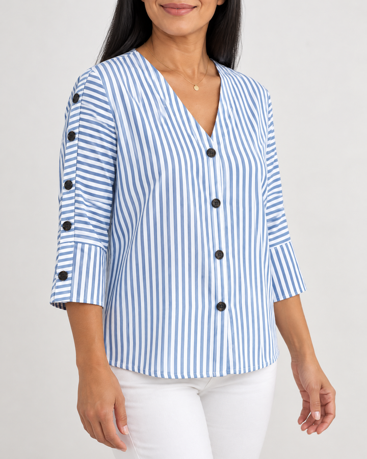 Simone - Button Sleeve Blouse in navy stripe, side view