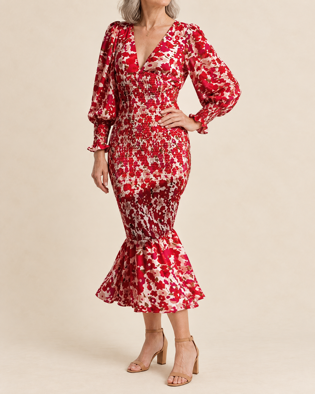 Mathilde - Smocked Floral Midi Dress in red, side view