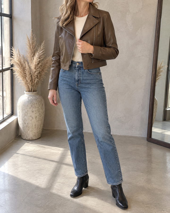 Valerie - Cropped Faux Leather Biker Jacket in brown, side view