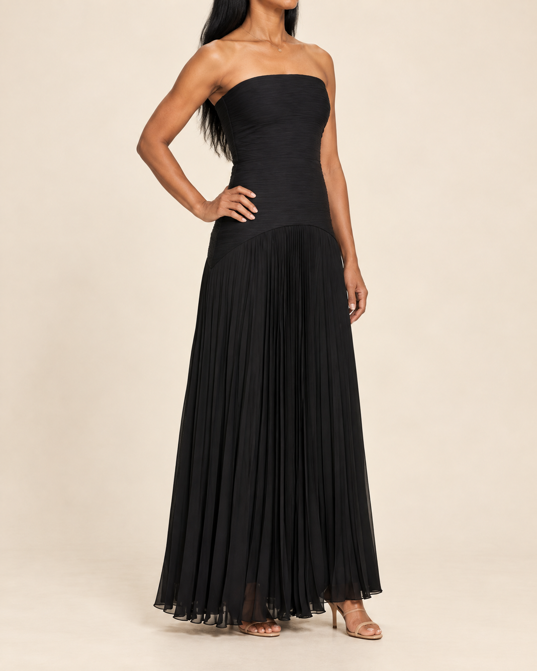 Theodora - Strapless Pleated Maxi Dress in black, side view