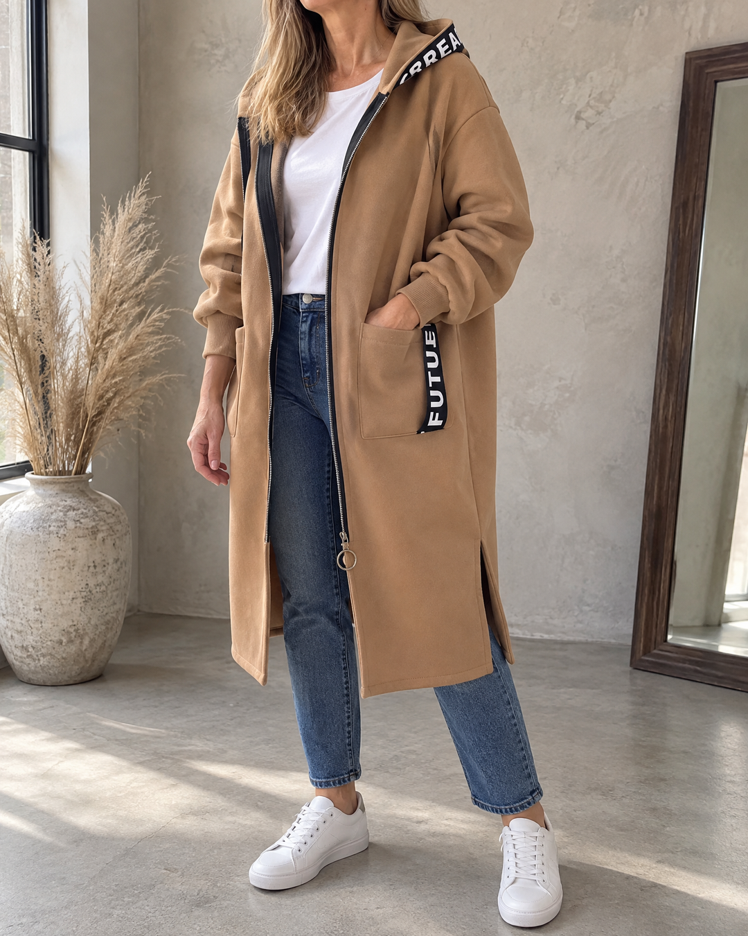 Adrienne - Hooded Fleece Coat in khaki, side view