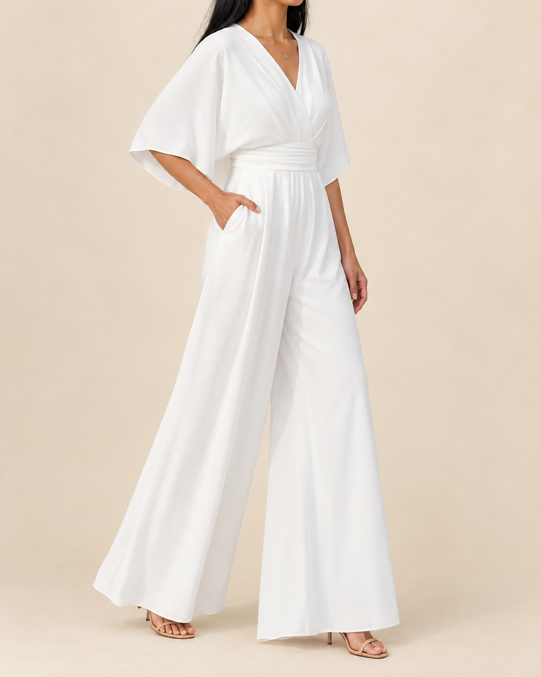 Eleonore - Kimono Sleeve Wide Leg Jumpsuit in white, side view