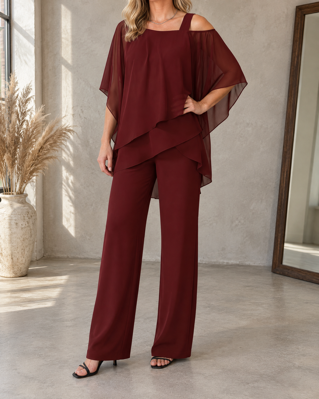 Isaure - Batwing Asymmetric Set in burgundy, side view