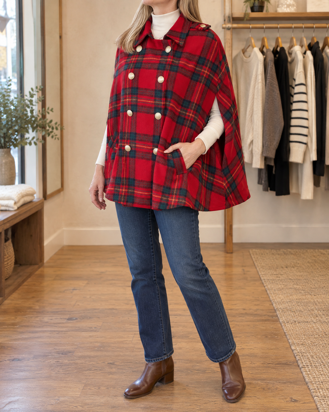 Marthe - Plaid Cape Coat in red, side view