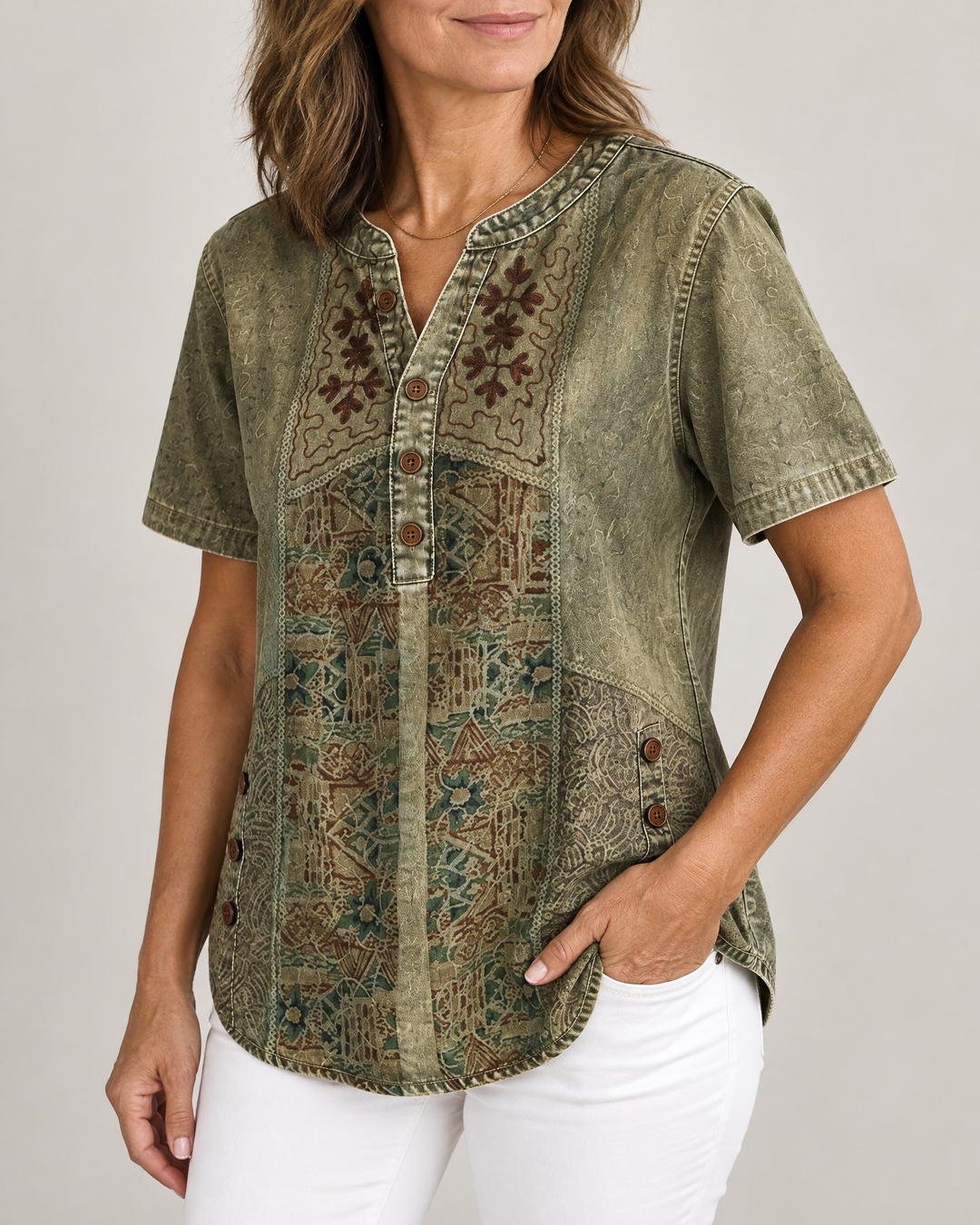 Ottilie - Art Print Henley Top in olive, side view
