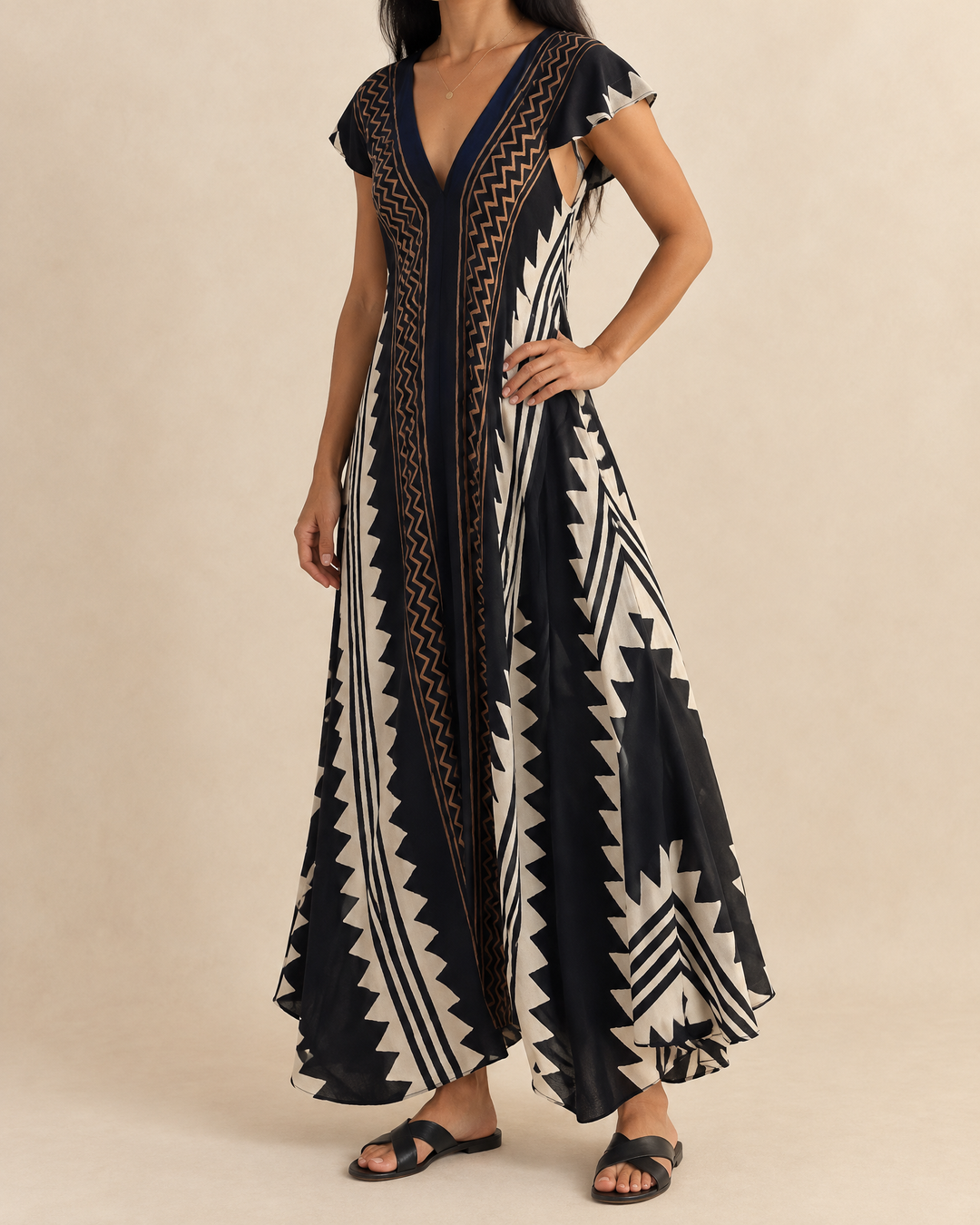 Ines - Colour Block Print Maxi Dress in black, side view