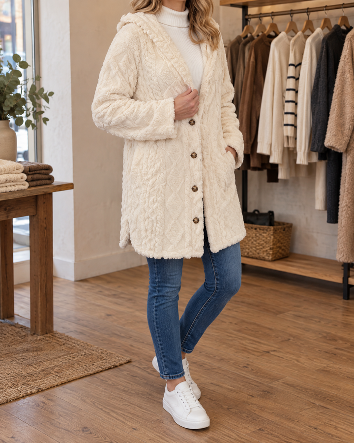 Corinne - Hooded Sherpa Jacket in white, side view