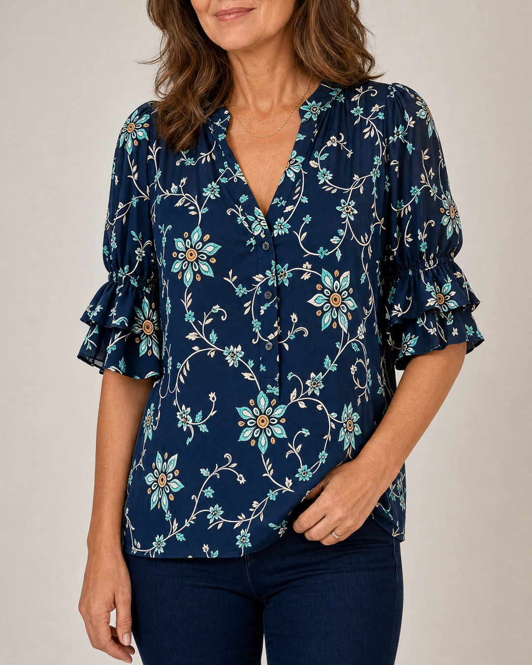 Vivienne - Vintage Print Blouse in navy, side view