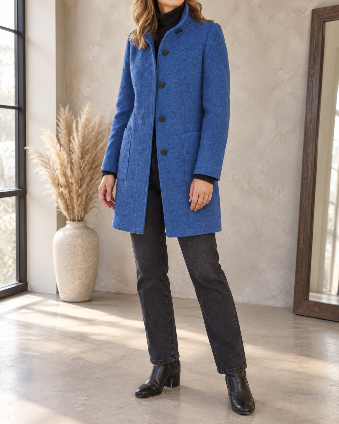 Augustine - Stand Collar Wool-Look Coat in denim blue, side view