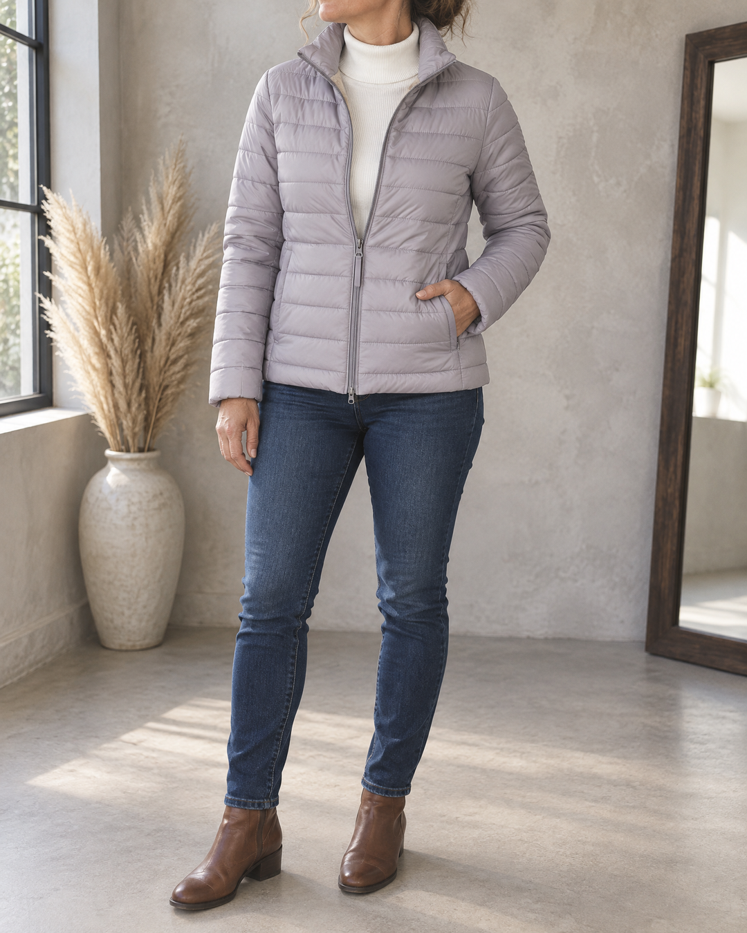 Alice - Fleece Lined Quilted Jacket in light grey, side view
