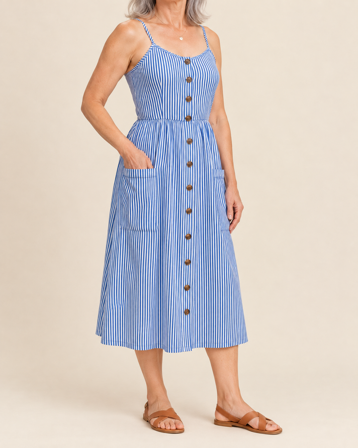 Agathe - Button Front Cami Dress in chambray blue, side view