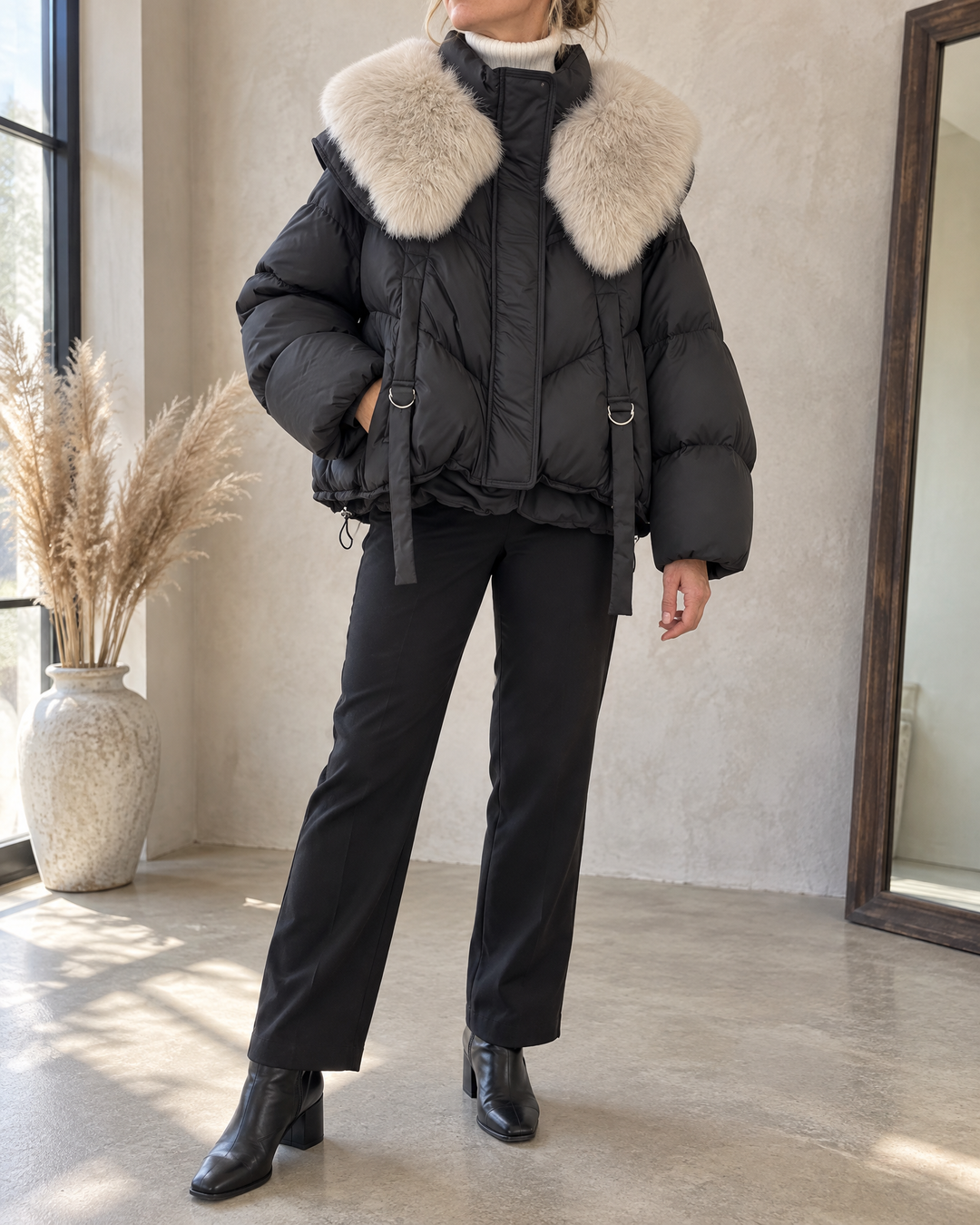 Chloe - Faux Fur Shawl Collar Puffer in black, side view