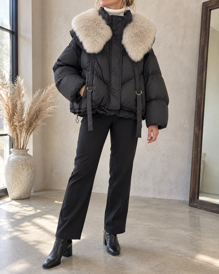 Chloe - Faux Fur Shawl Collar Puffer in black, side view