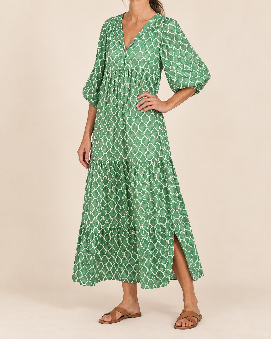 Florence - Puff Sleeve Print Maxi Dress in green, side view