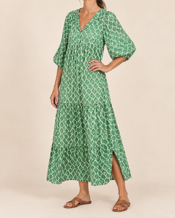 Florence - Puff Sleeve Print Maxi Dress in green, side view