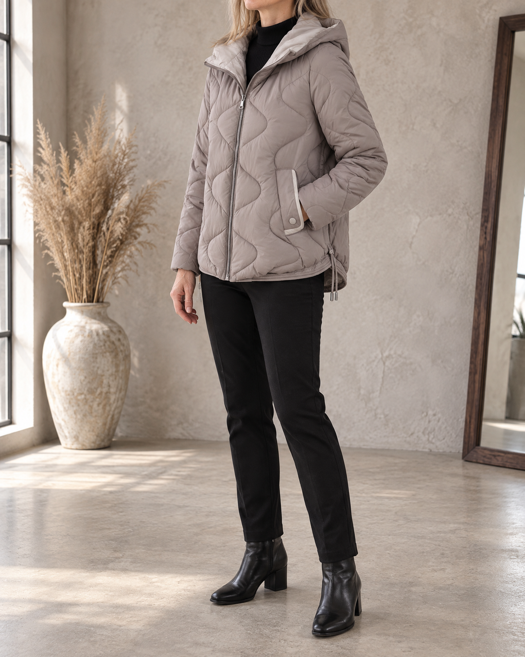 Carole - Wave Quilted Hooded Jacket in taupe grey, side view