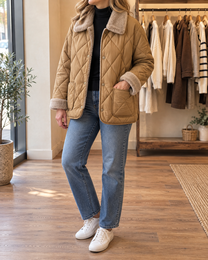 Claire - Faux Fur Collar Quilted Jacket in camel, side view