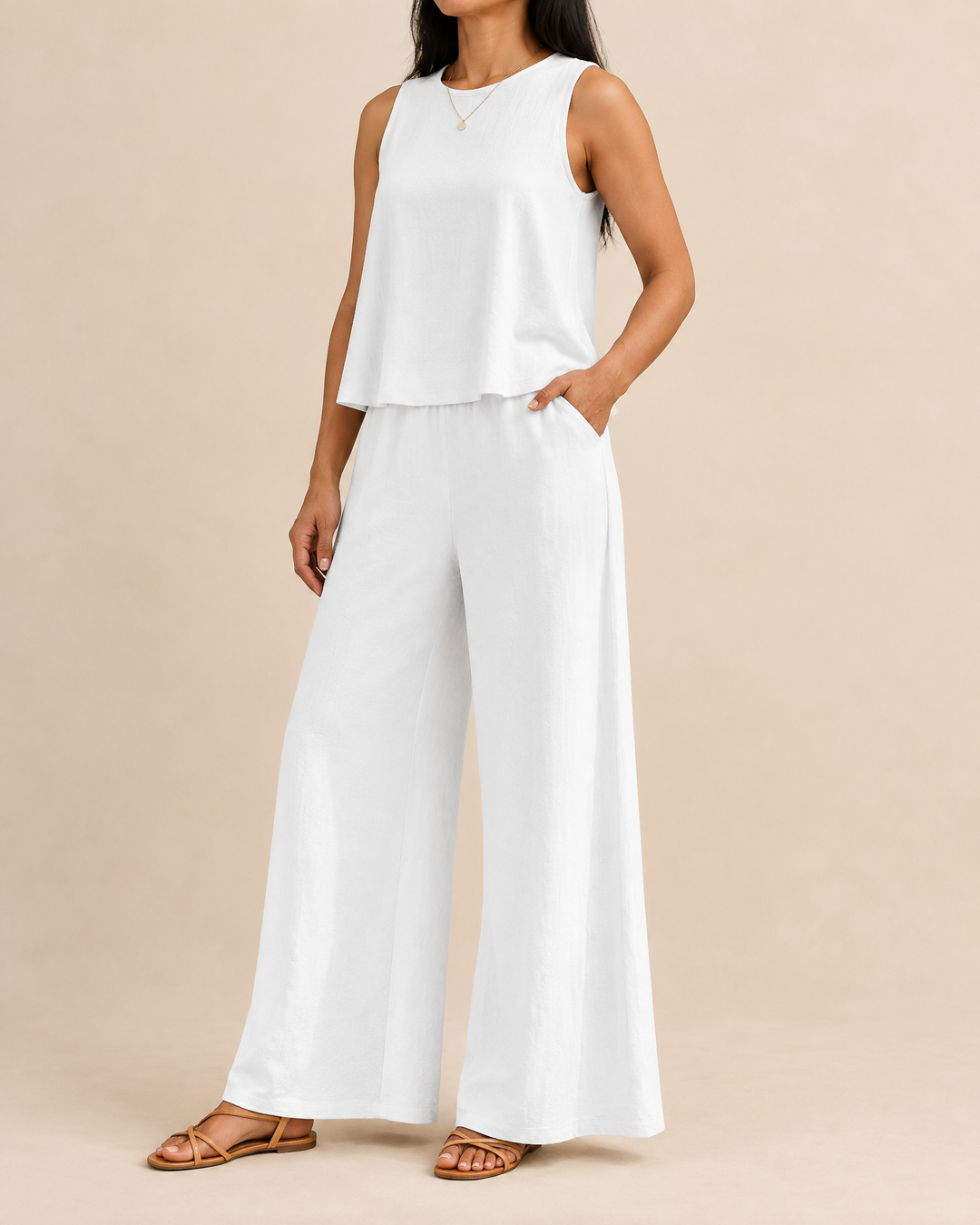 Noelle - Sleeveless Top and Wide Leg Pants Set in white, side view