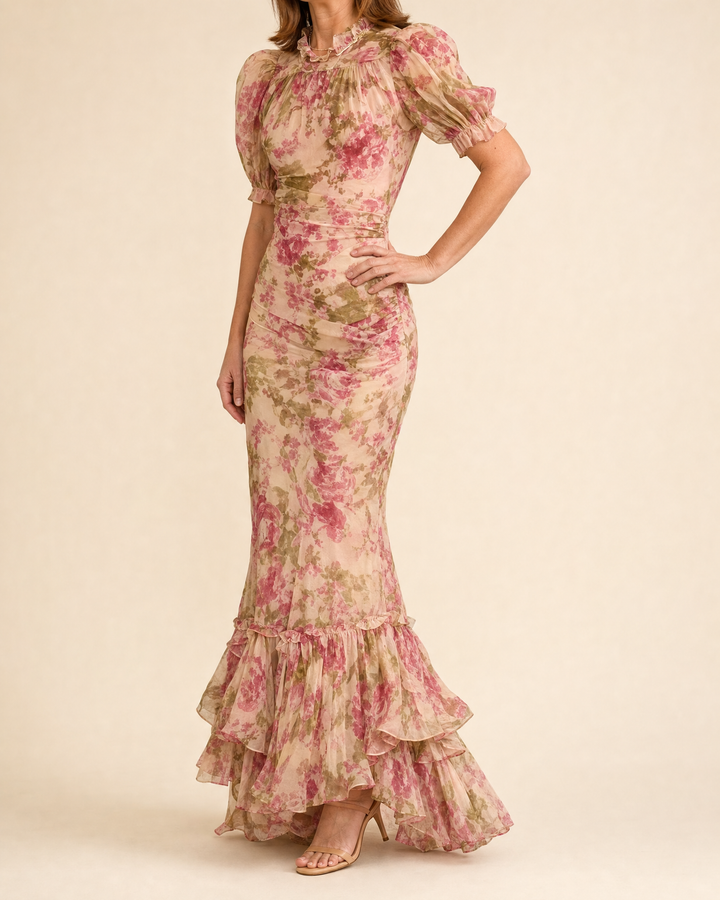 Delphine - Rose Print Maxi Dress in rose, side view