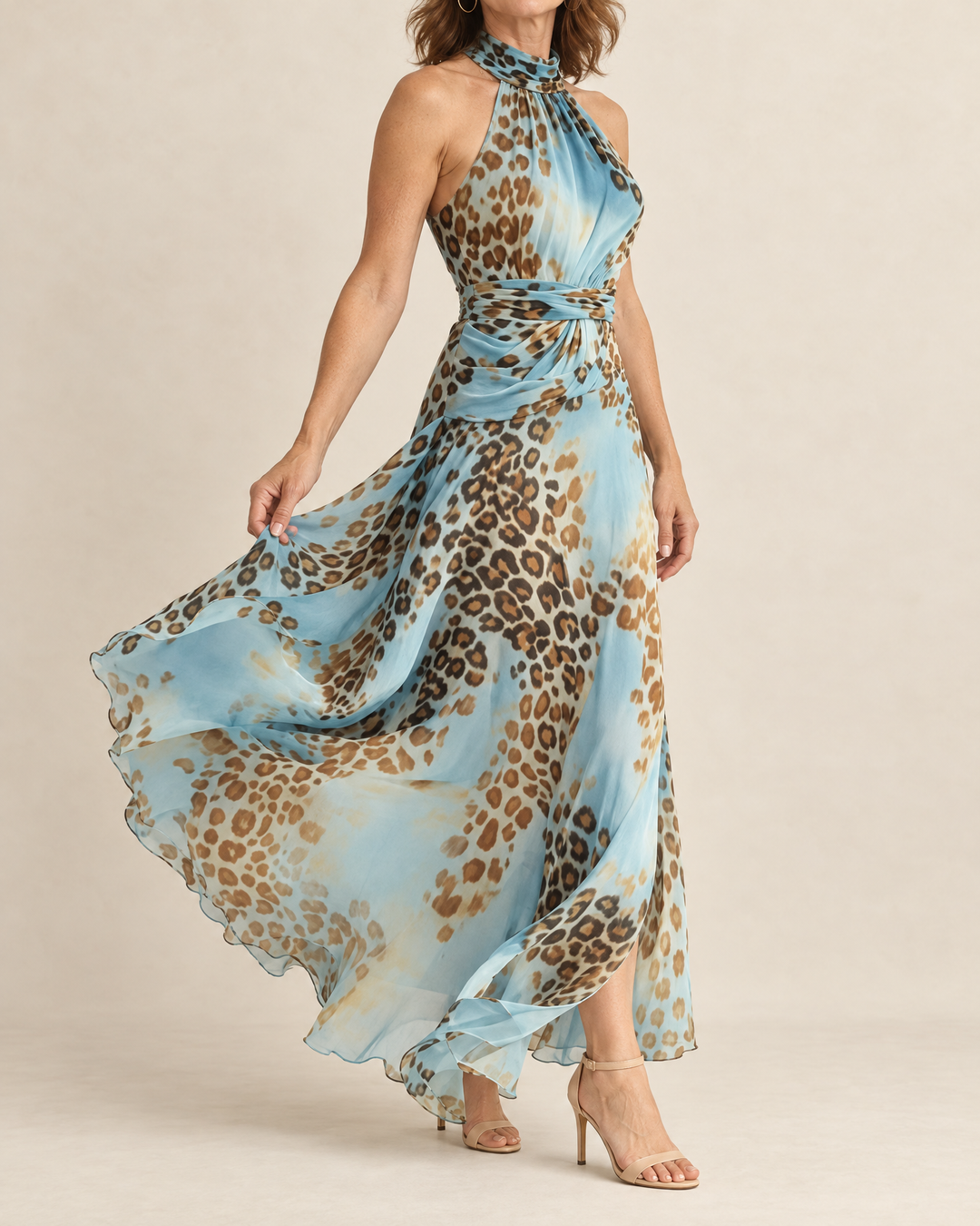 Leonie - Leopard Halter Maxi Dress in blue, side view
