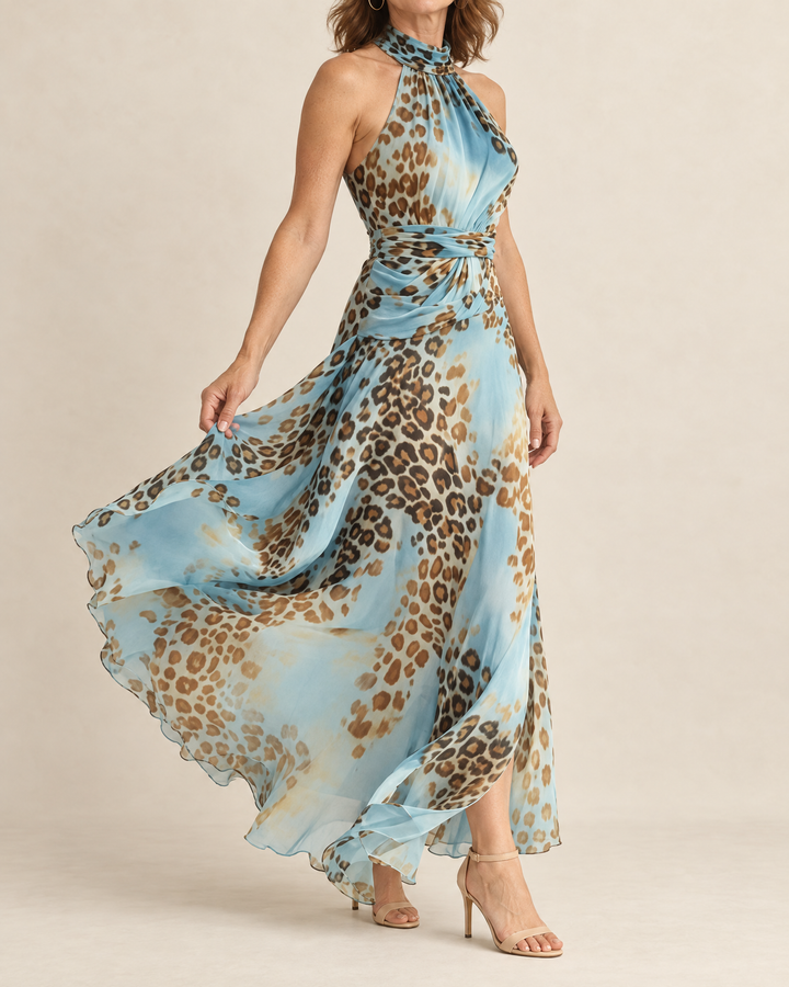 Leonie - Leopard Halter Maxi Dress in blue, side view