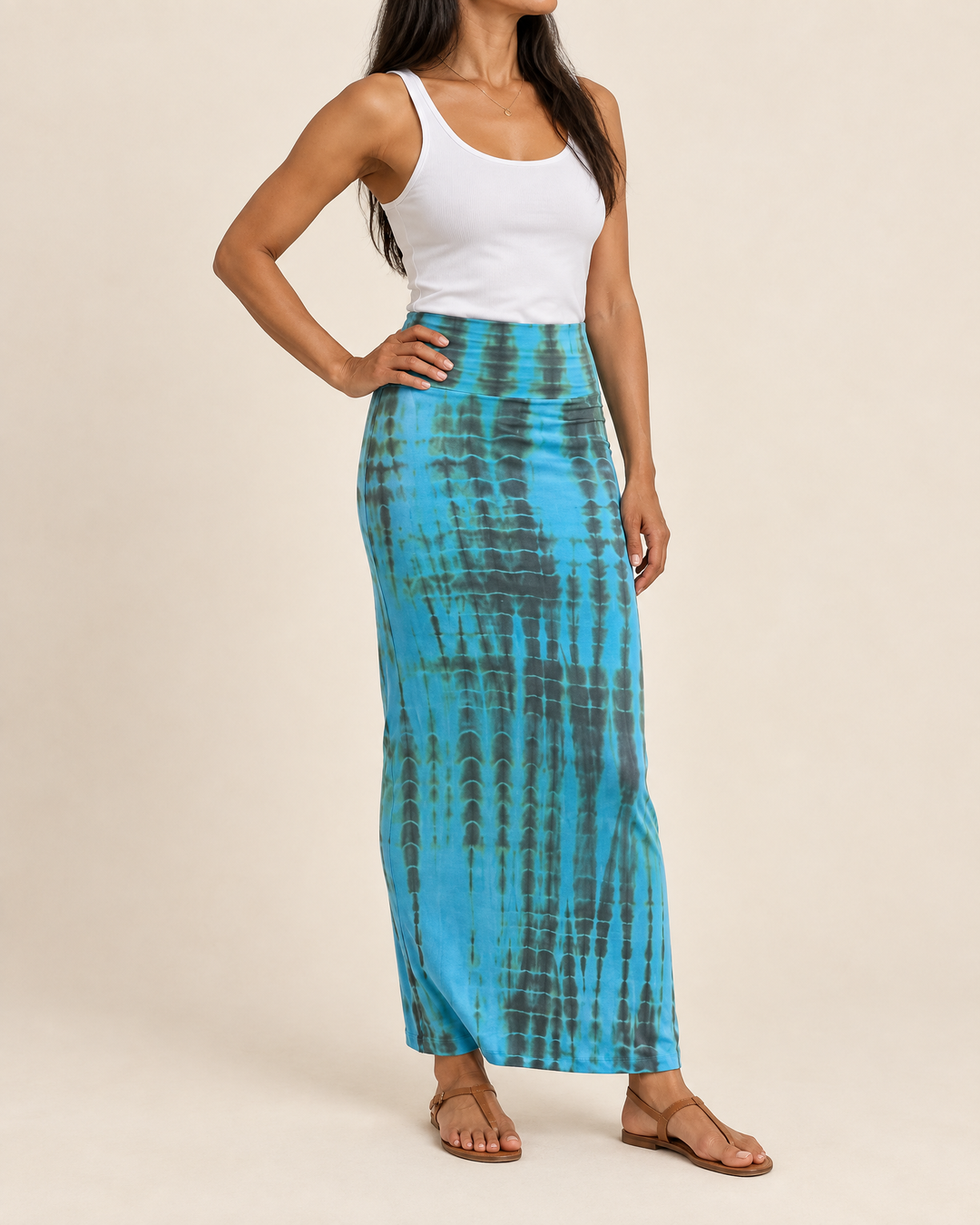 Ophelie - Tie Dye Maxi Skirt in turquoise, side view