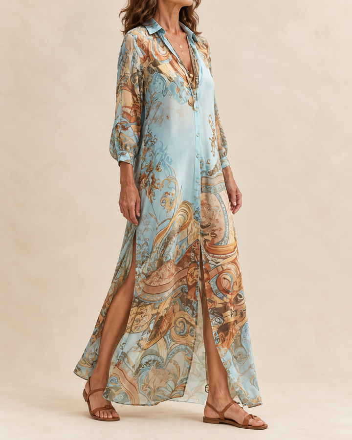 Aurelie - Paisley Maxi Shirt Dress, side view with the split