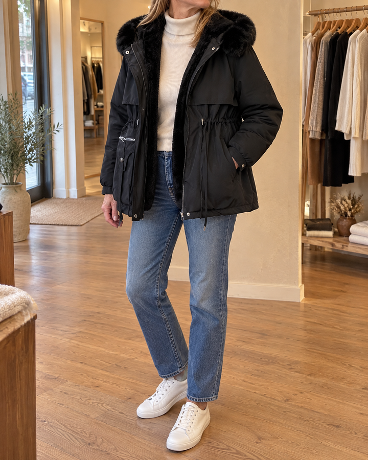 Brigitte - Faux Fur Hooded Parka in black, side view