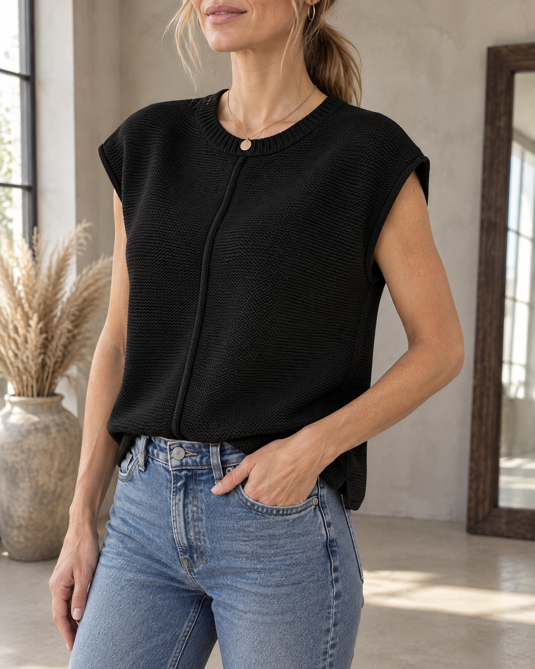 Henriette - Cap Sleeve Knit Top in black, side view