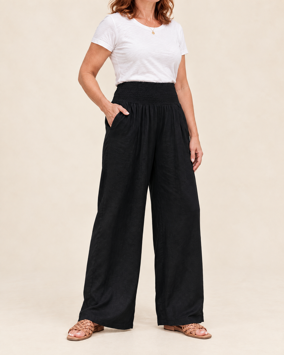 Eugenie - Smocked Waist Wide Leg Pants in black, side view