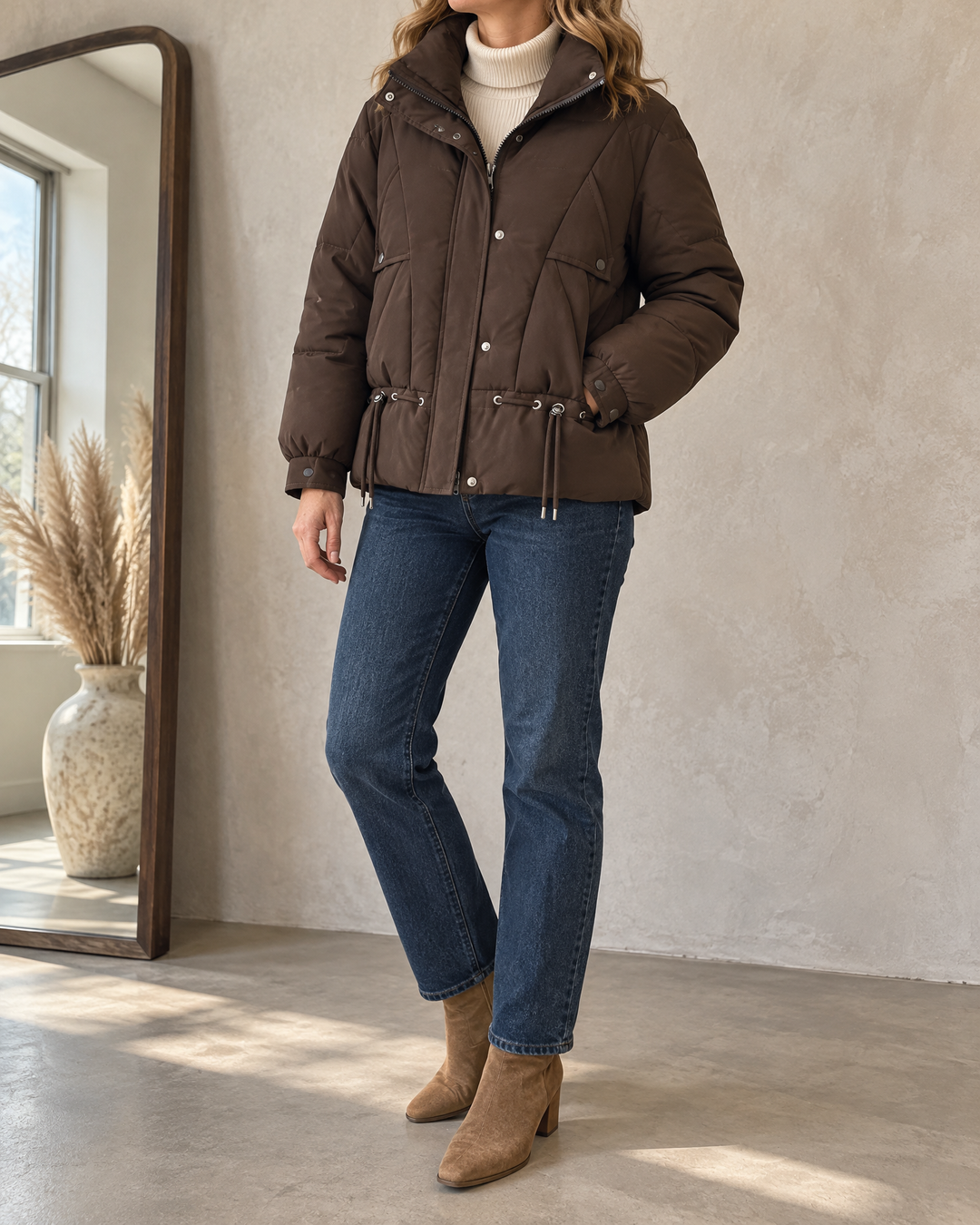 Angele - Chevron Quilted Puffer Jacket in brown, side view