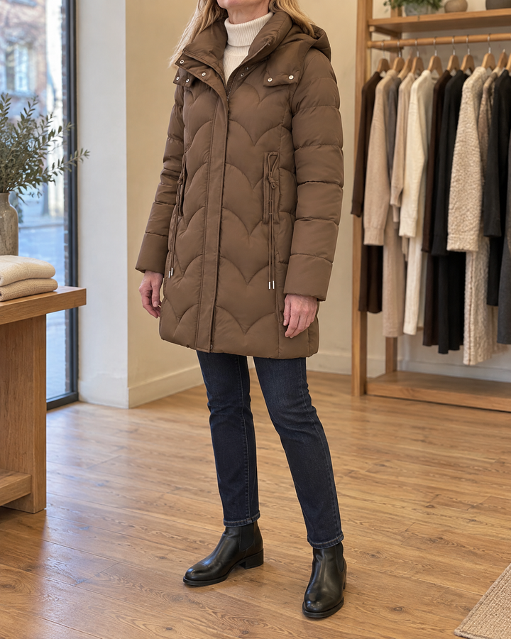 Esther - Wave Quilted Puffer Coat in mocha, side view