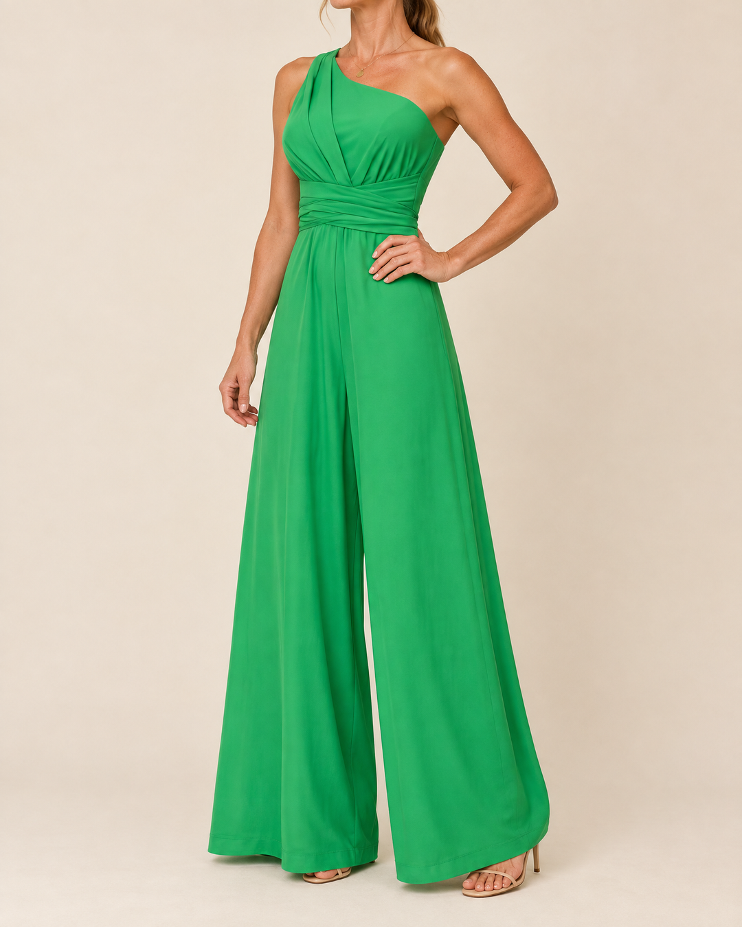 Constance - One Shoulder Wide Leg Jumpsuit in green, side view