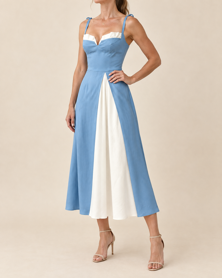 Valentine - Tie Shoulder Colour Block Midi Dress in sky blue, side view