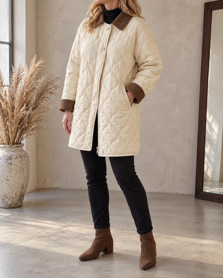 Leopoldine - Quilted Longline Jacket in cream, side view