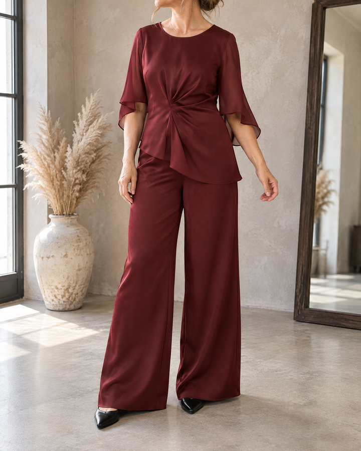 Lorraine - Satin Flared-Sleeve Set in wine, side view