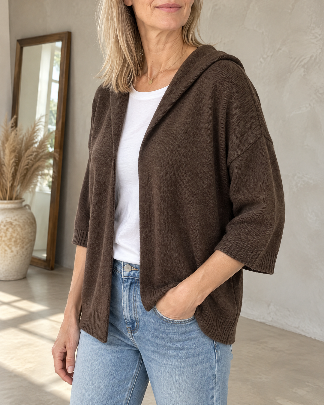 Viviane - Hooded Open-Front Cardigan in chocolate, side view