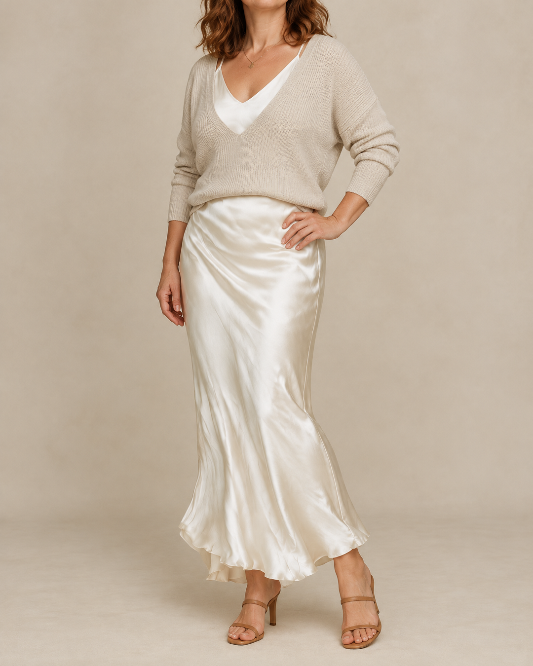 Aurore - Sweater and Satin Slip Set in apricot, side view