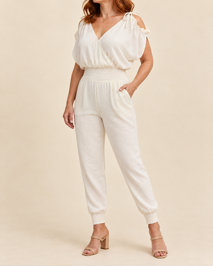 Perrine - Wrap Jogger Jumpsuit in white, side view