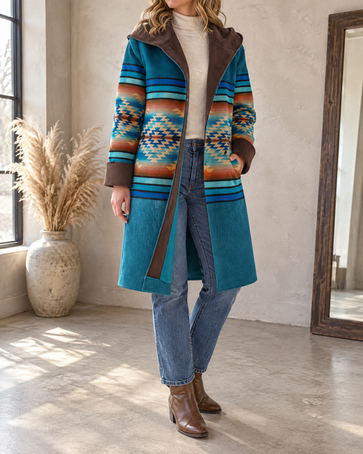 Nicole - Hooded Geometric Print Coat in teal, side view