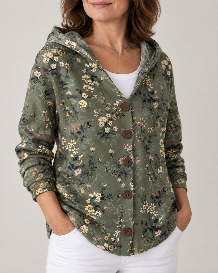 Isadora - Printed Hooded Cardigan in dark green, side view
