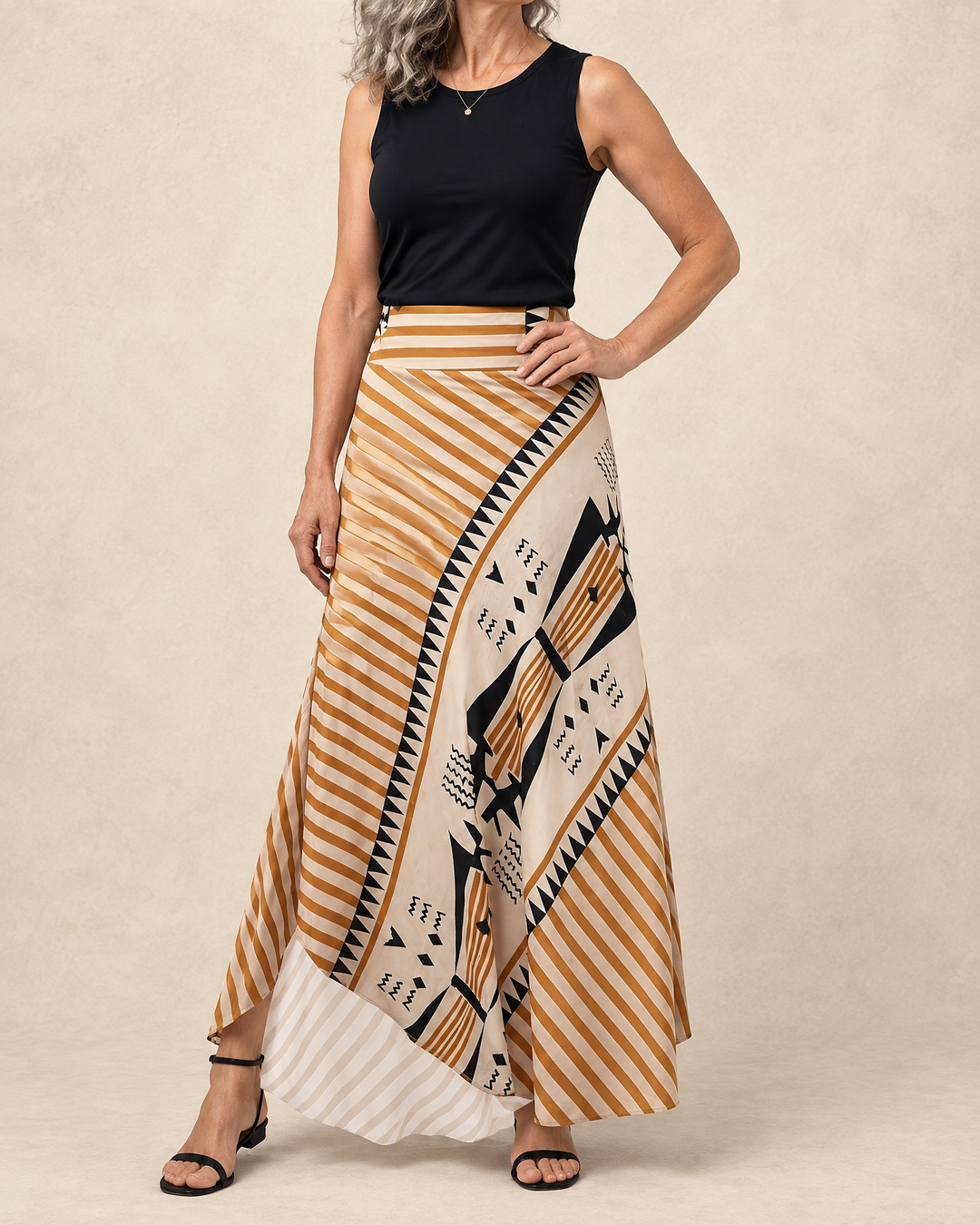 Bertille - Striped A-Line Maxi Skirt in sand stripe, side view