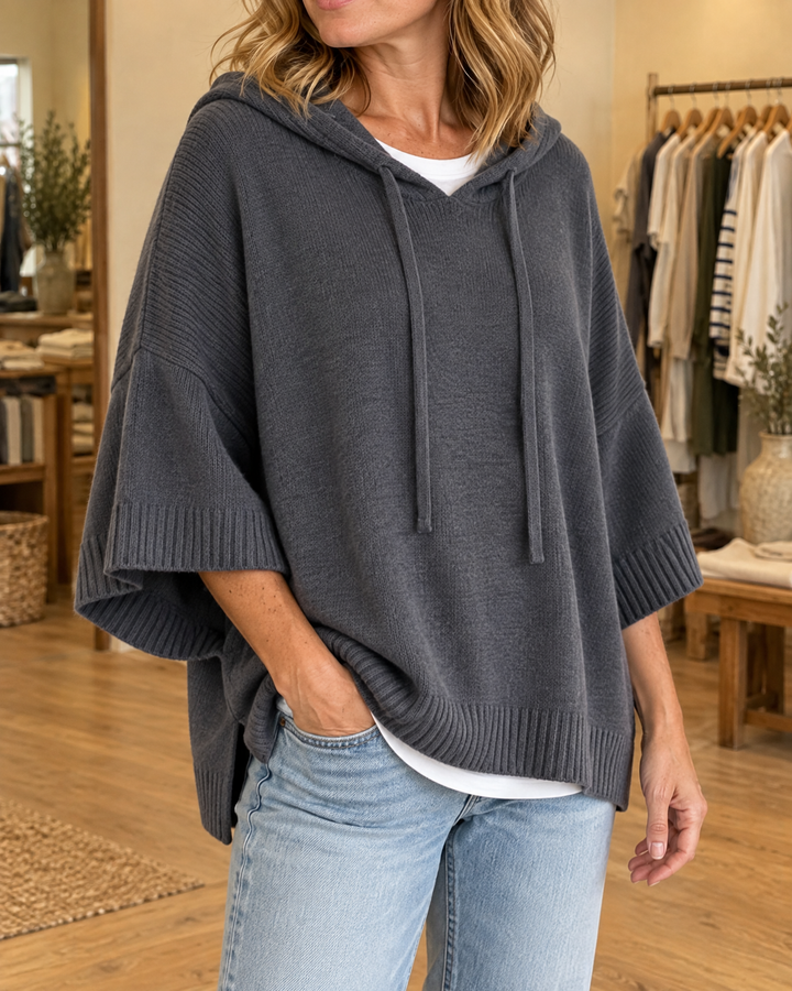 Mariette - Hooded Knit Poncho in grey, side view